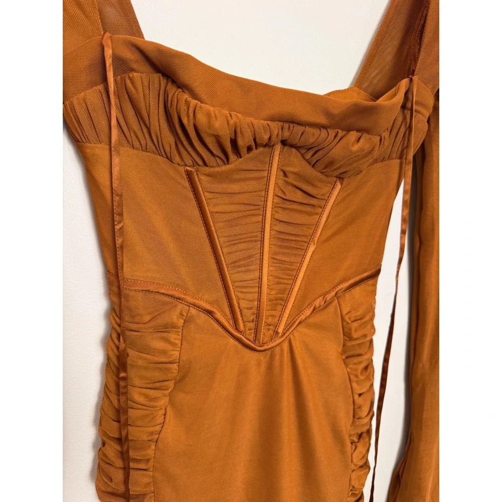 Oh Polly Corset Long Sleeve Mesh Mini Dress Baddie Hot Rouched Sheer Brown 2 - Picture 4 of 13